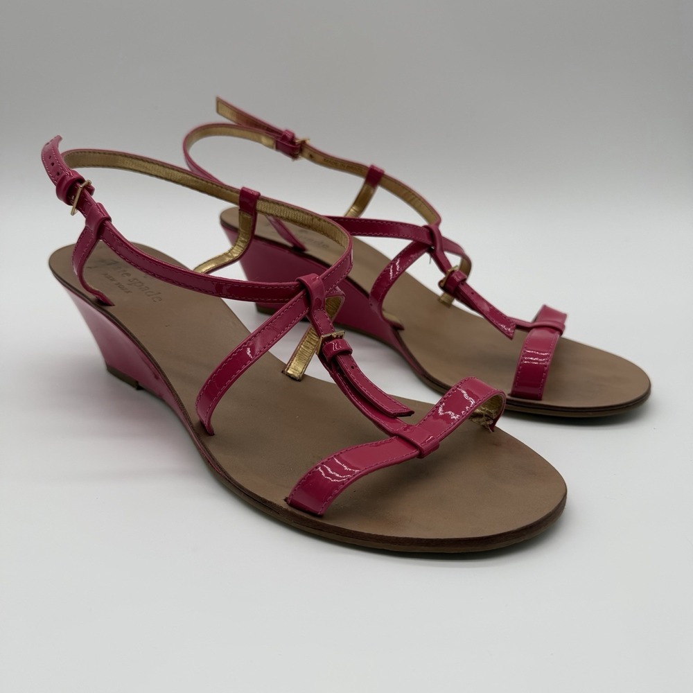 Kate Spade Women's Strappy Wedge Sandals Heels Fuchsia Pink Patent Leather 8